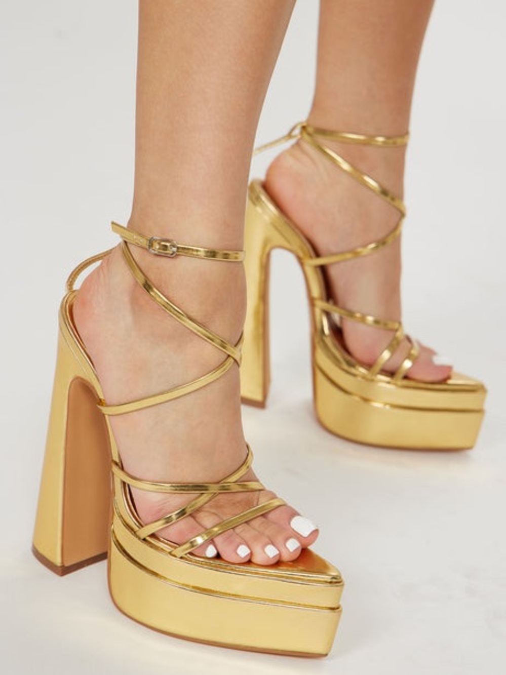 Fashion Nova Metallic Gold Strappy Platform Heels